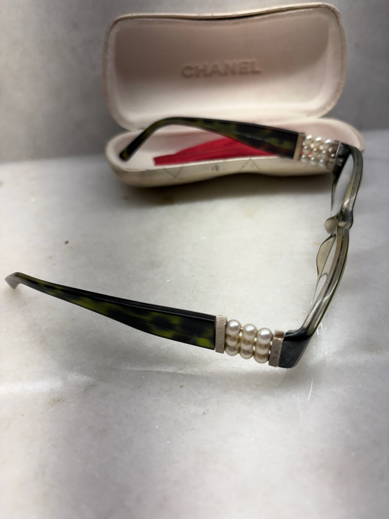 Chanel Green Tortoise Shell Frame Glasses With Pearl Temple Accents